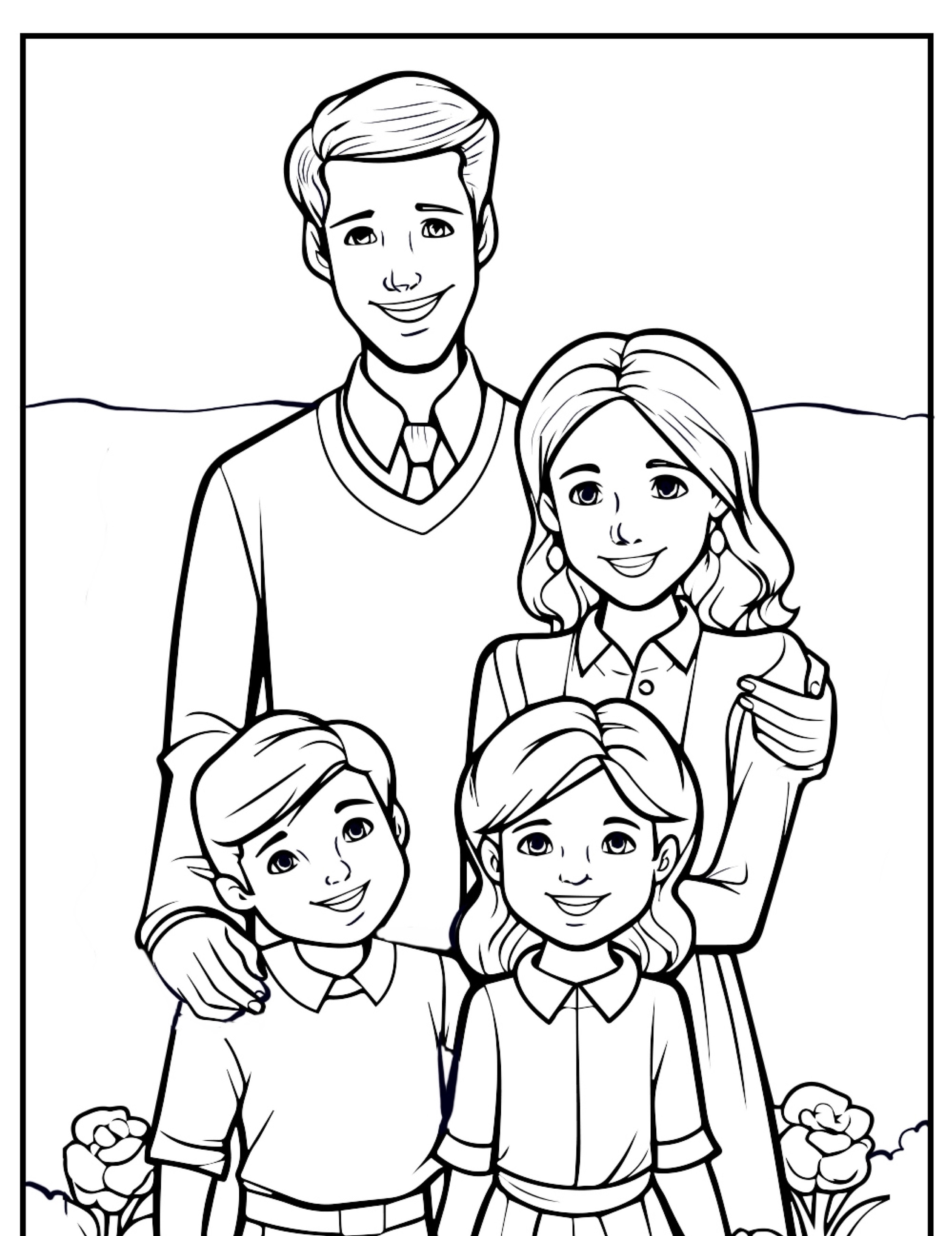 Uma família de quatro pessoas, incluindo dois adultos e duas crianças, posa junta ao ar livre com rostos sorridentes em uma ilustração em preto e branco de desenho de família, perfeita para colorir.