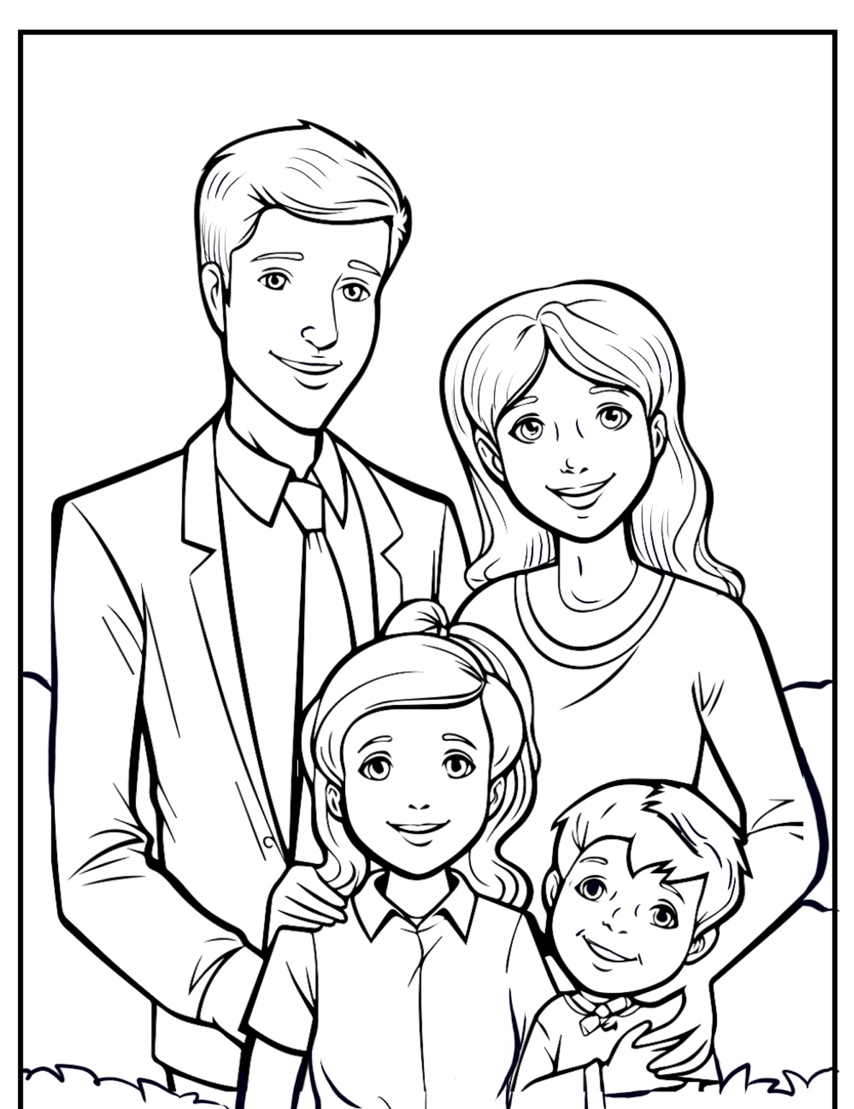 Um desenho colorido de uma família sorridente com dois adultos e duas crianças em pé, próximos um do outro.