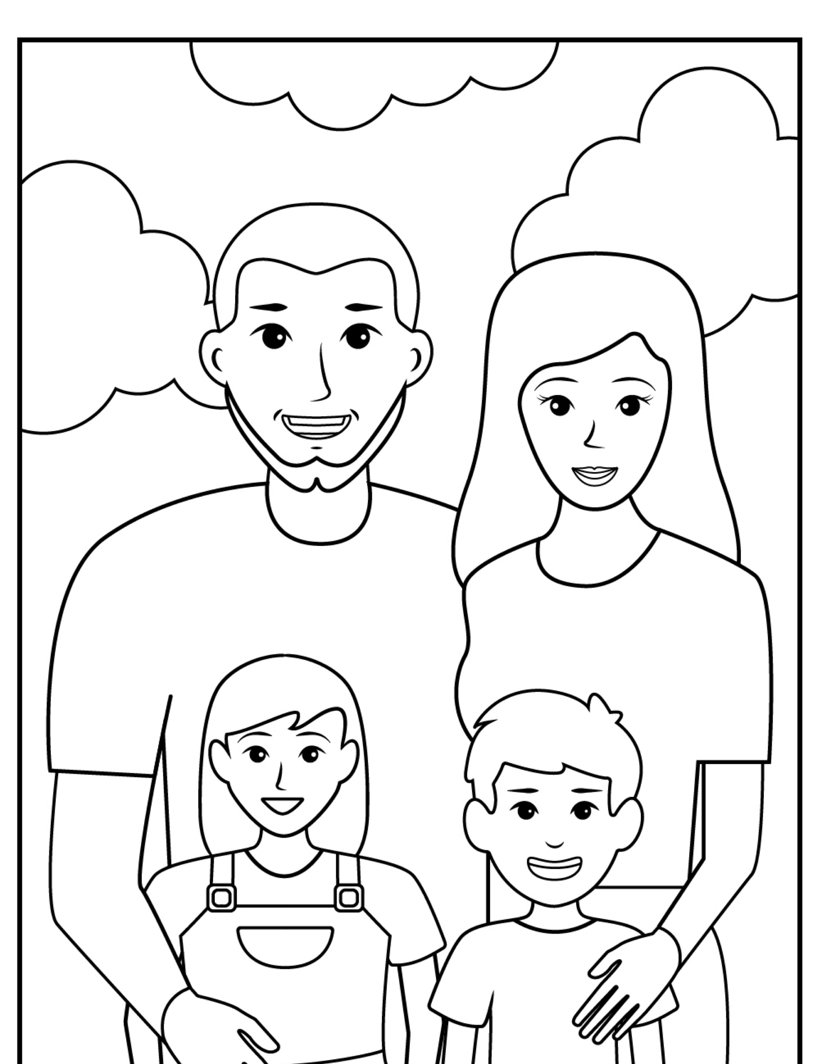 Uma família de quatro pessoas, composta por dois adultos e duas crianças, sorrindo e juntas sob um céu nublado, parece um desenho de família para colorir perfeito.