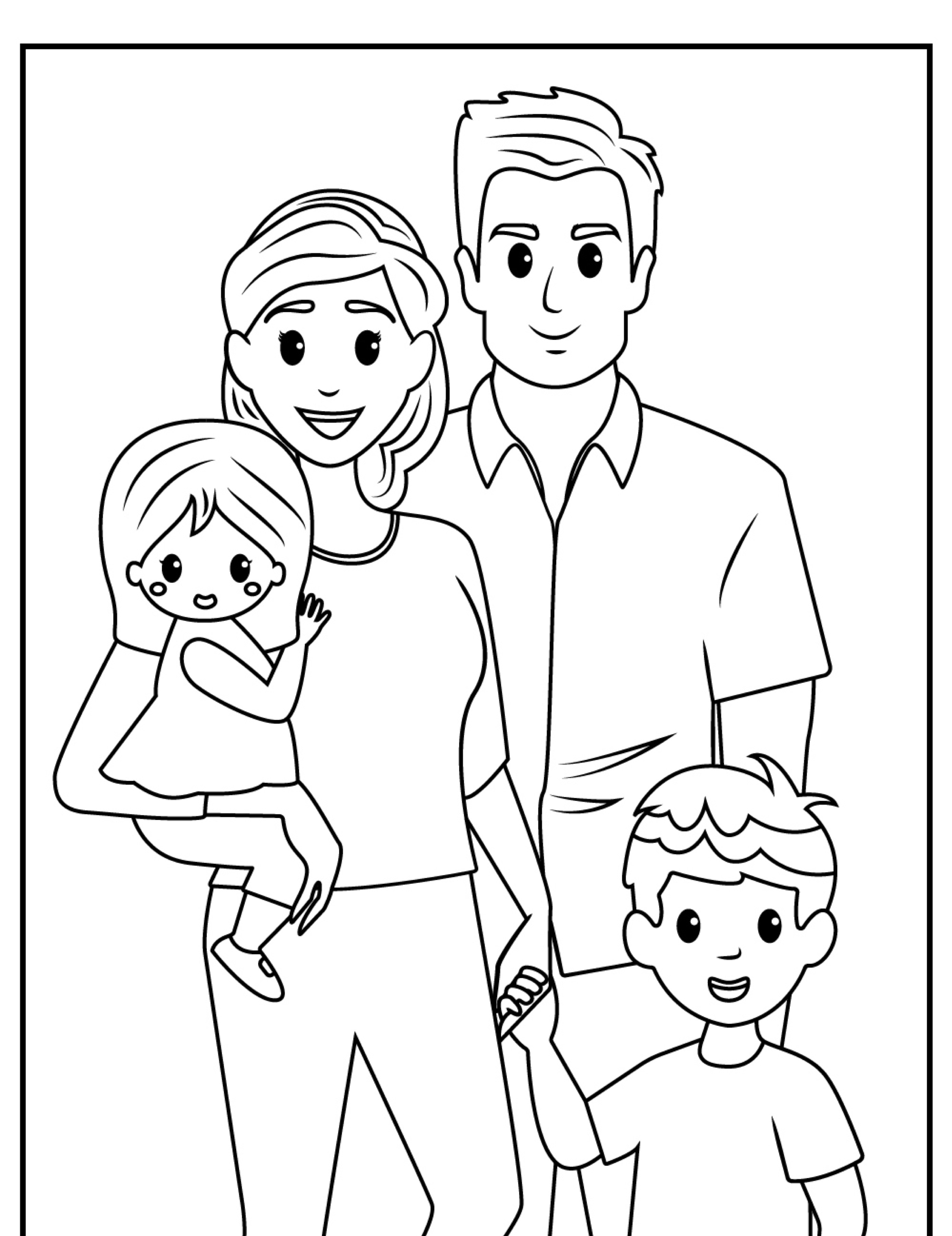 Uma ilustração em preto e branco de Desenho de Família de uma família sorridente: um pai, uma mãe segurando uma criança e outra criança de mãos dadas, ideal para colorir.