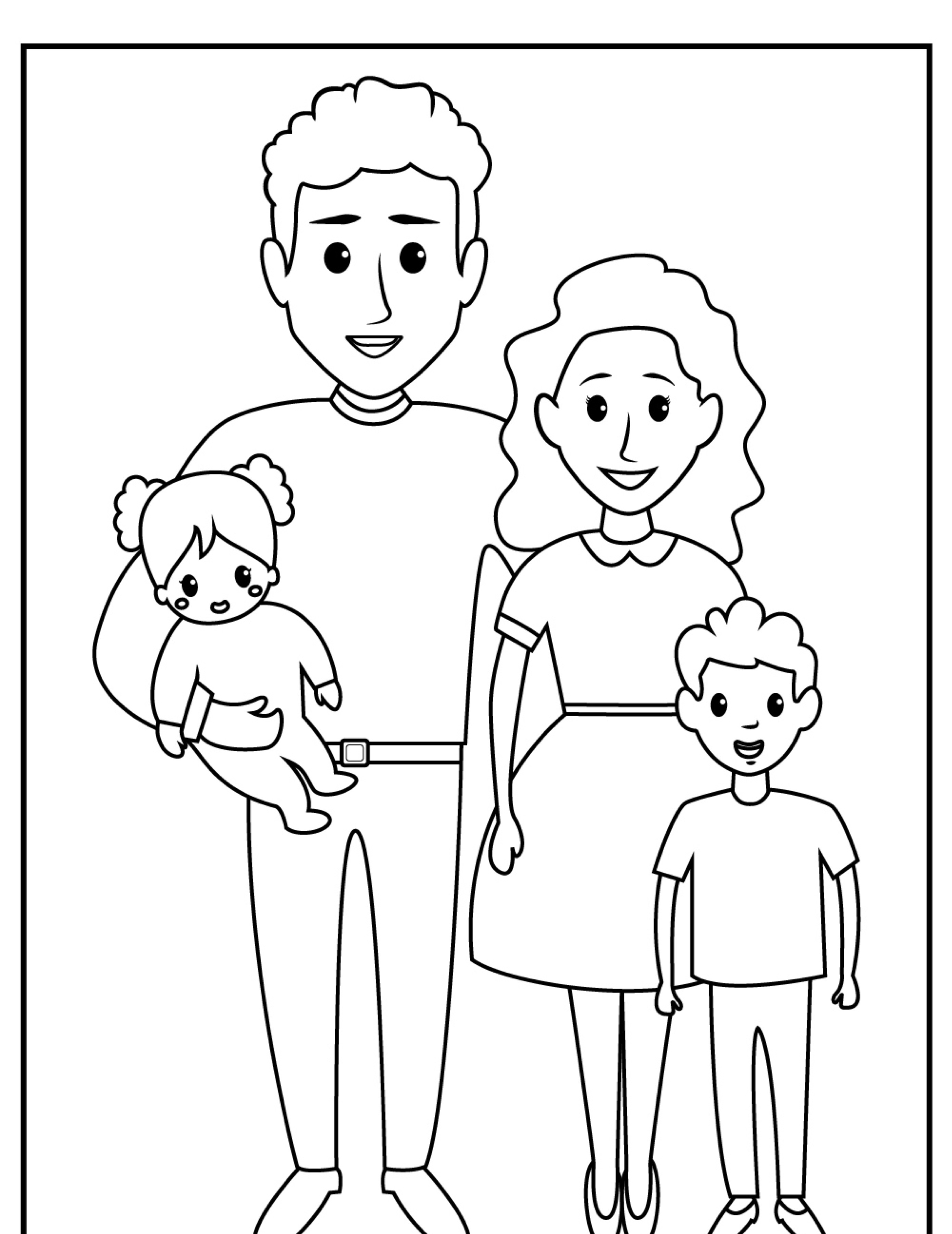 Desenho de uma família sorridente com dois pais, um bebê e uma criança pequena, juntos, perfeito para colorir.