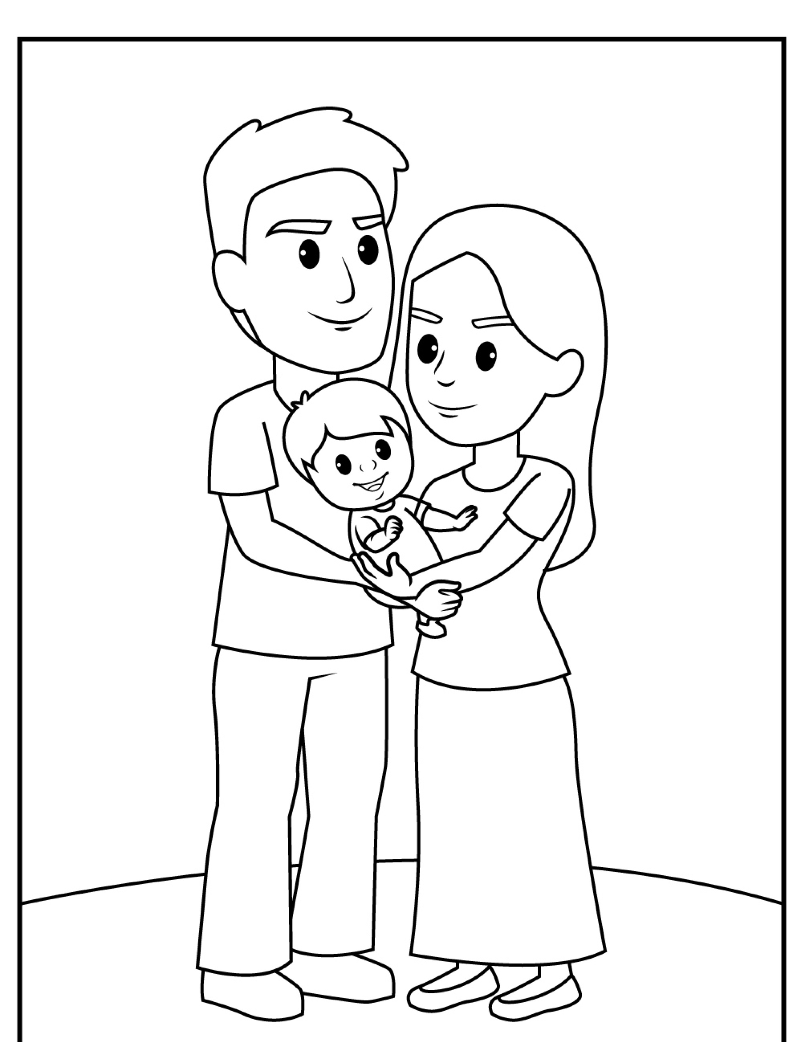 Um desenho encantador em preto e branco de um homem e uma mulher segurando alegremente seu bebê, capturando a essência da família.