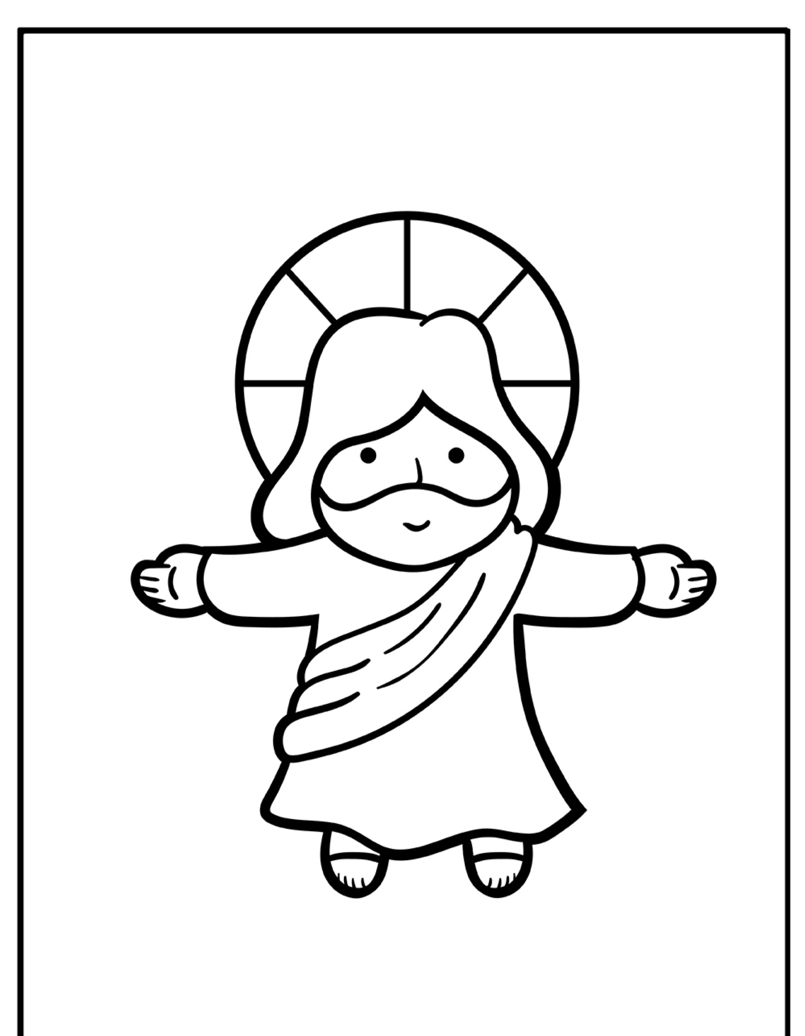 Um desenho de Jesus com uma auréola, braços estendidos e um manto. Perfeito para desenho de colorir.