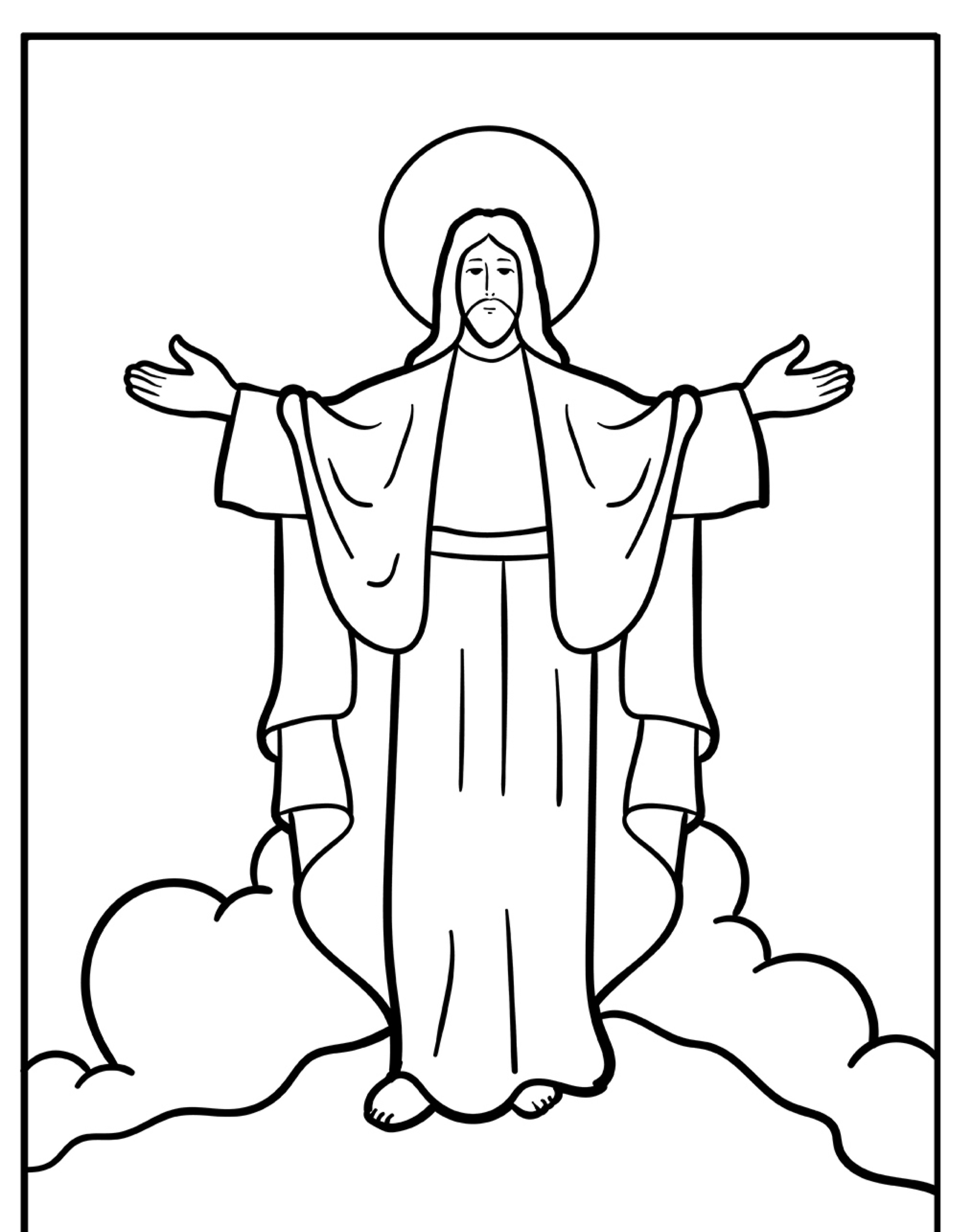 Um desenho de Jesus como uma figura vestida com uma auréola, de pé sobre as nuvens, com os braços estendidos, perfeito para desenho para colorir.