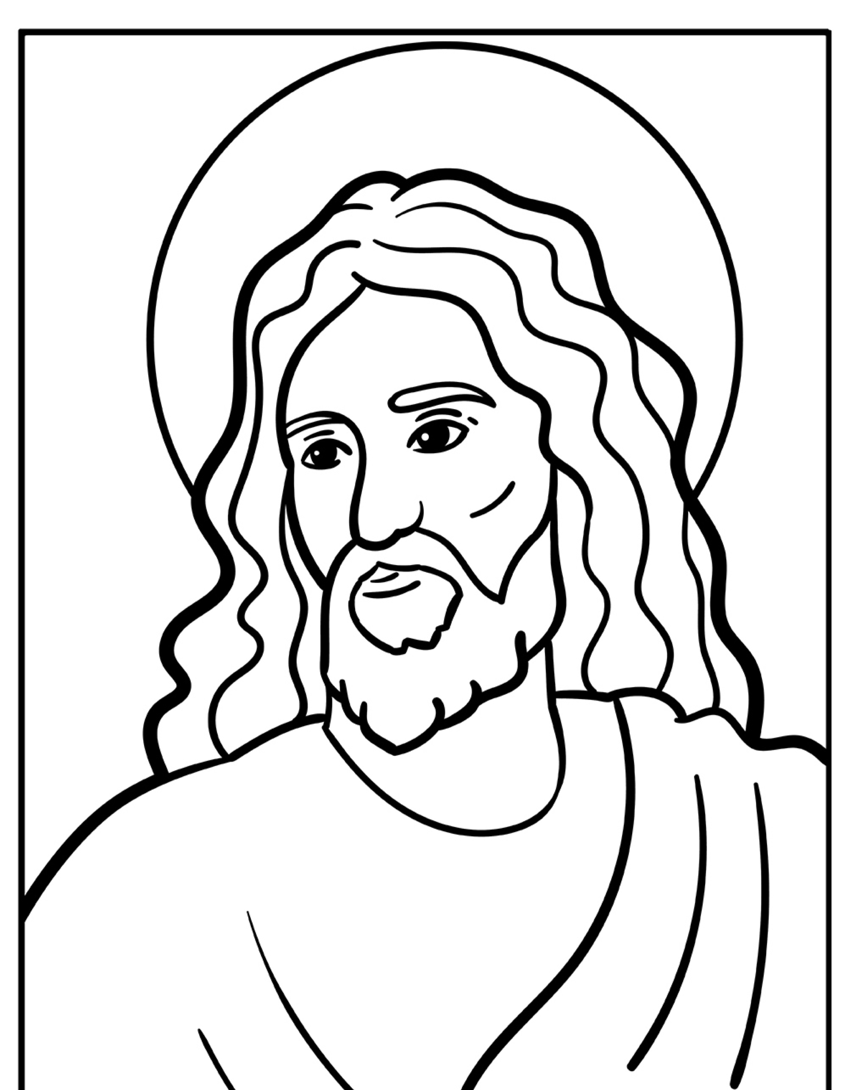 Desenho em preto e branco de Jesus com cabelos longos e barba, vestindo uma túnica e retratado com uma auréola. Ideal para desenho ou para colorir.