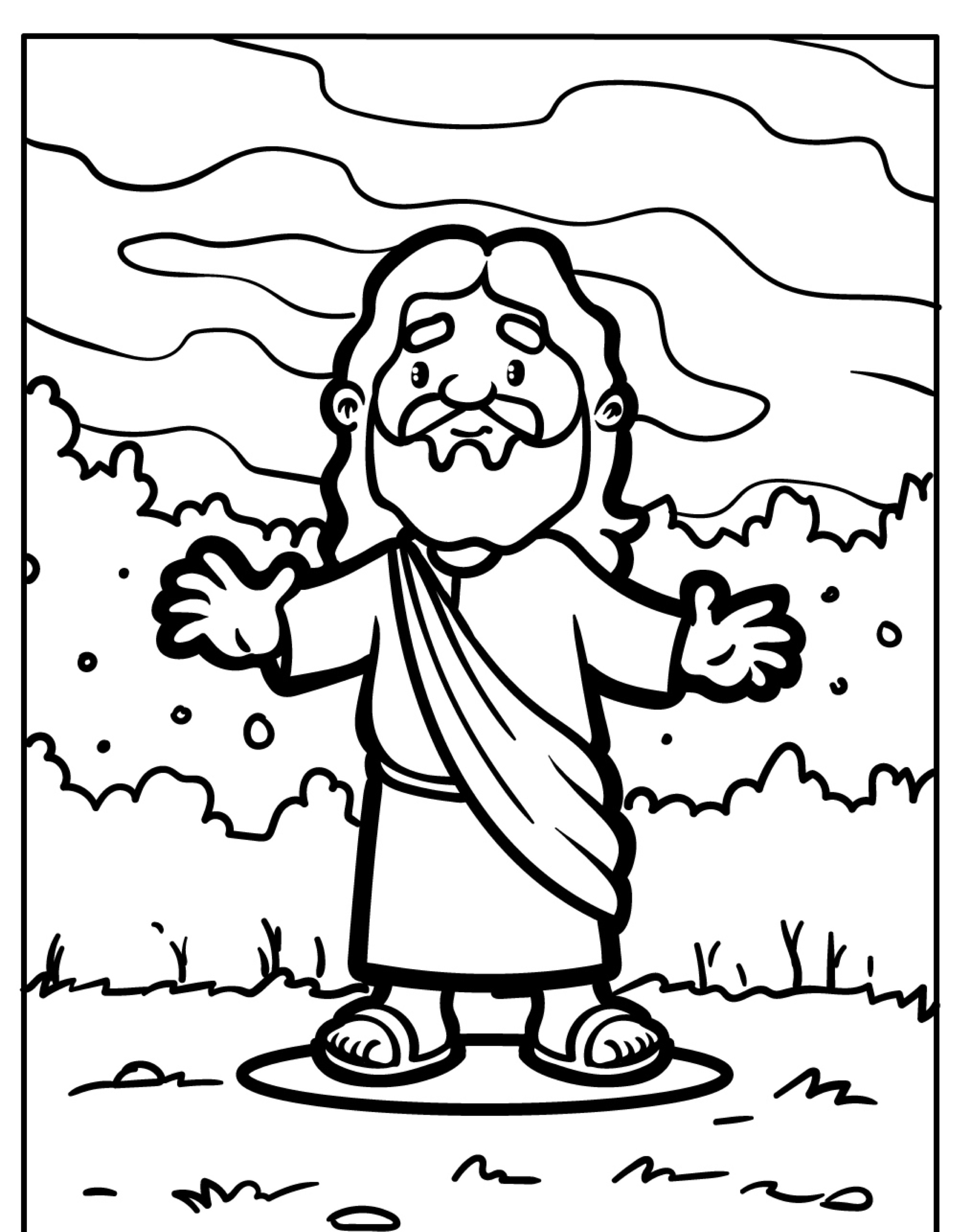 Uma figura de desenho animado com cabelo longo e barba, vestindo um robe e sandálias, está ao ar livre com uma expressão de surpresa. Ideal para desenho para colorir.