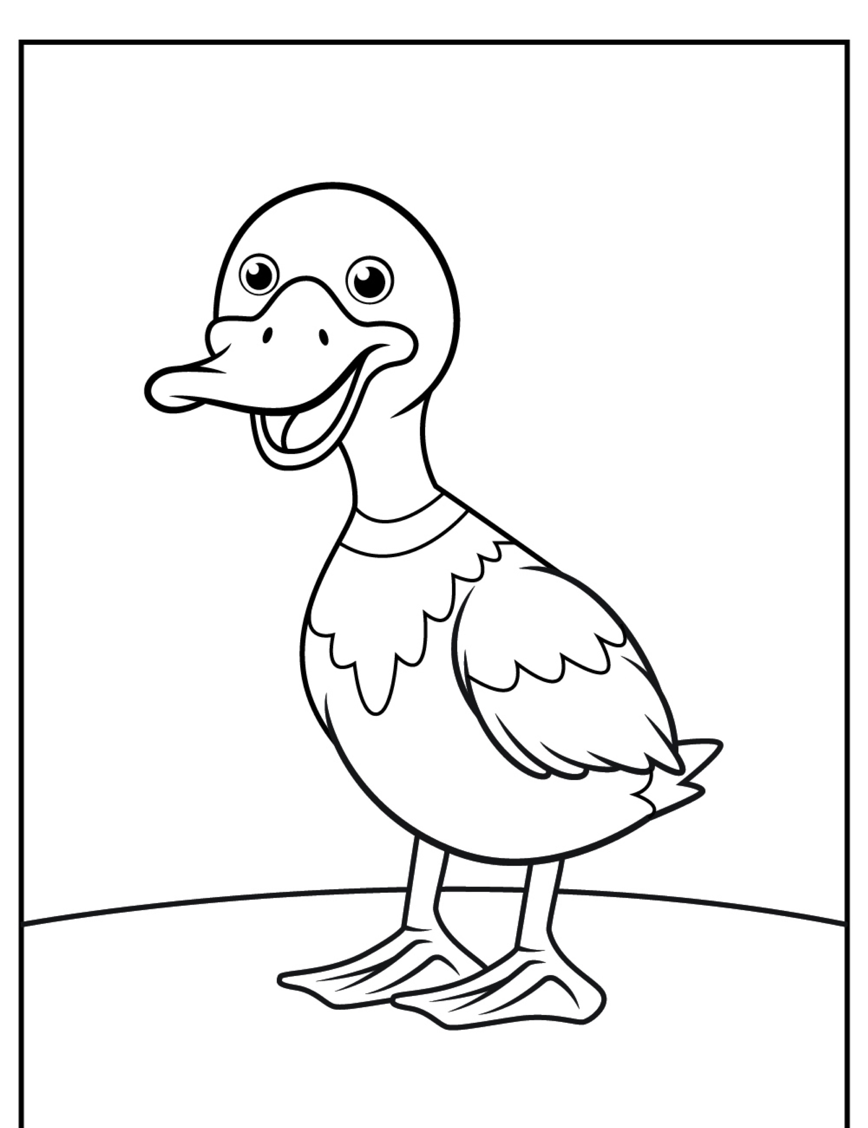 Um pato de desenho animado preto e branco com uma expressão feliz, perfeito para colorir, em pé sobre uma superfície curva.