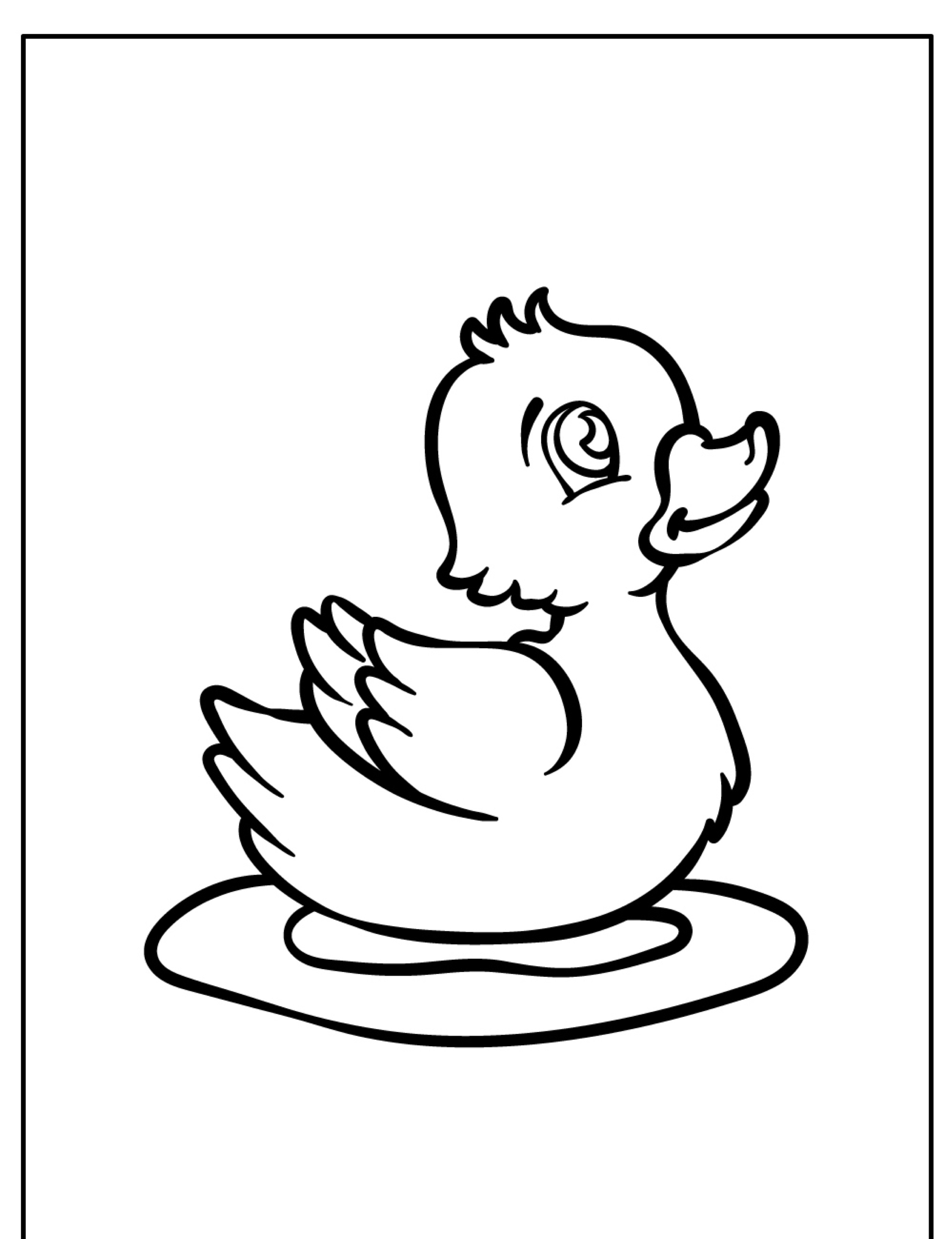 Ilustração em preto e branco de um pato de borracha sorridente sentado em uma poça, perfeito para desenhos de patos para colorir.