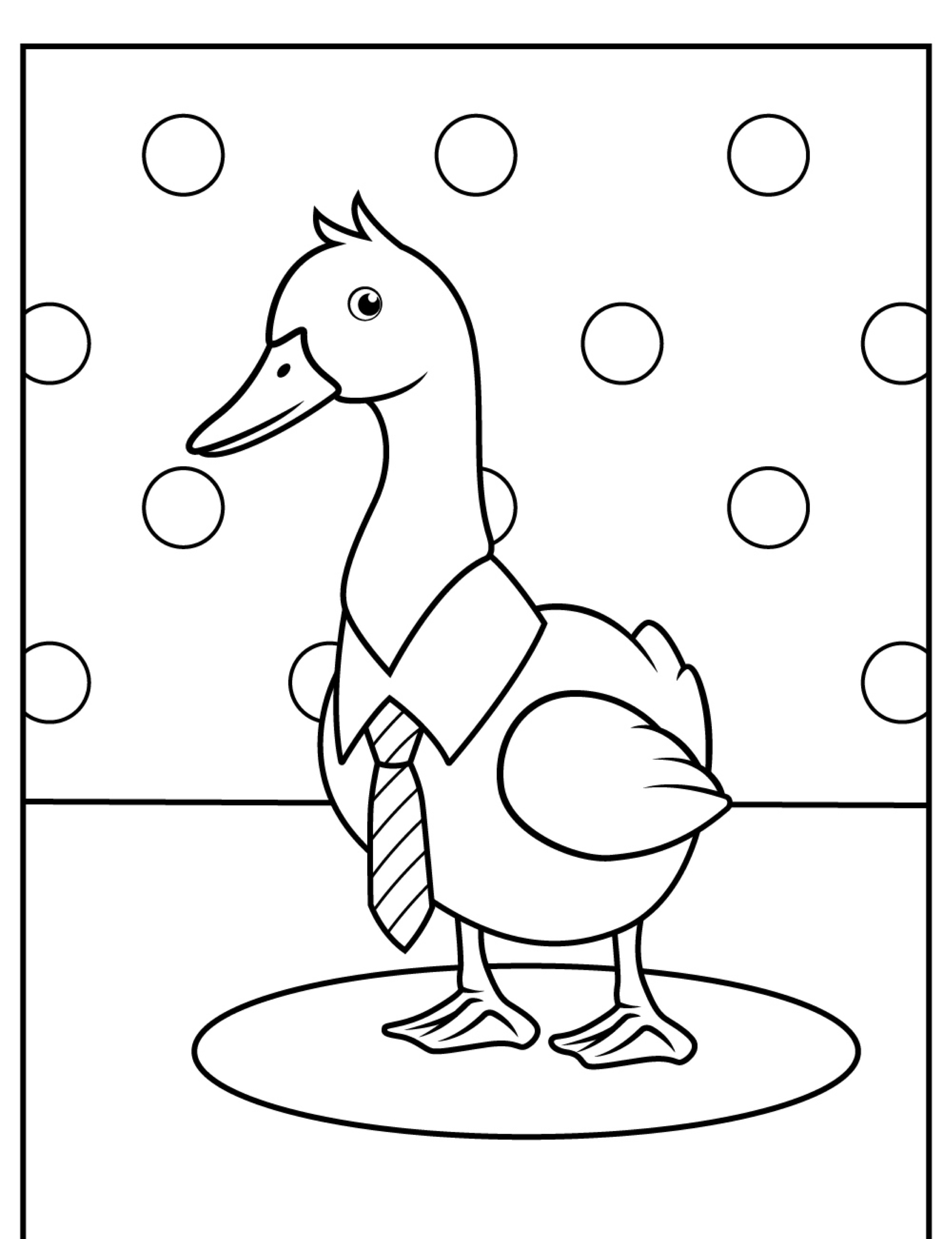 Um pato de gravata fica em um fundo pontilhado. Este desenho de linha simples, perfeito para patos para colorir, incentiva a criatividade e a diversão para todas as idades.