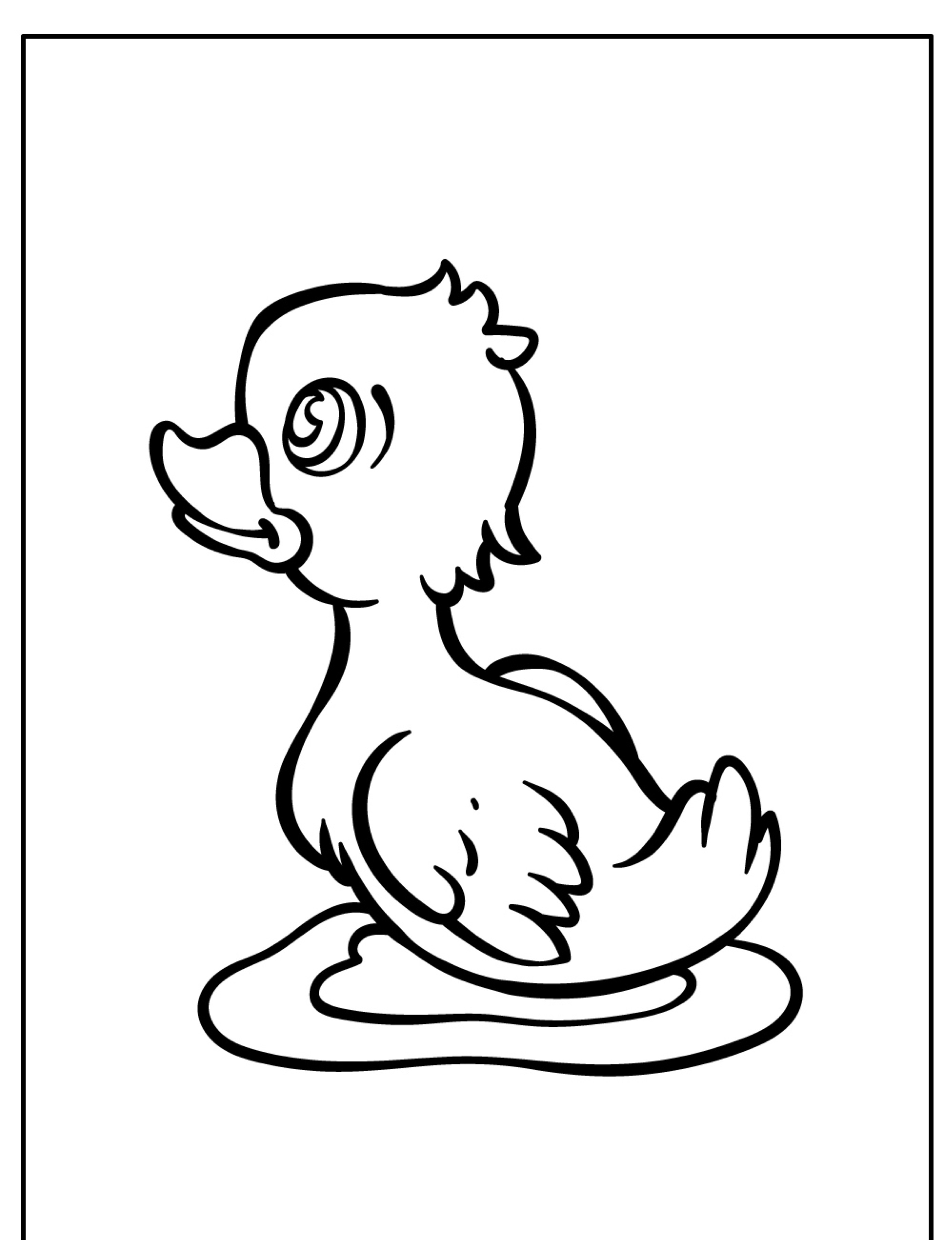 Desenho de um patinho sentado em uma pequena poça, com detalhes mínimos e um estilo simples e cartunesco. Perfeito para quem gosta de desenhos de patos para colorir.