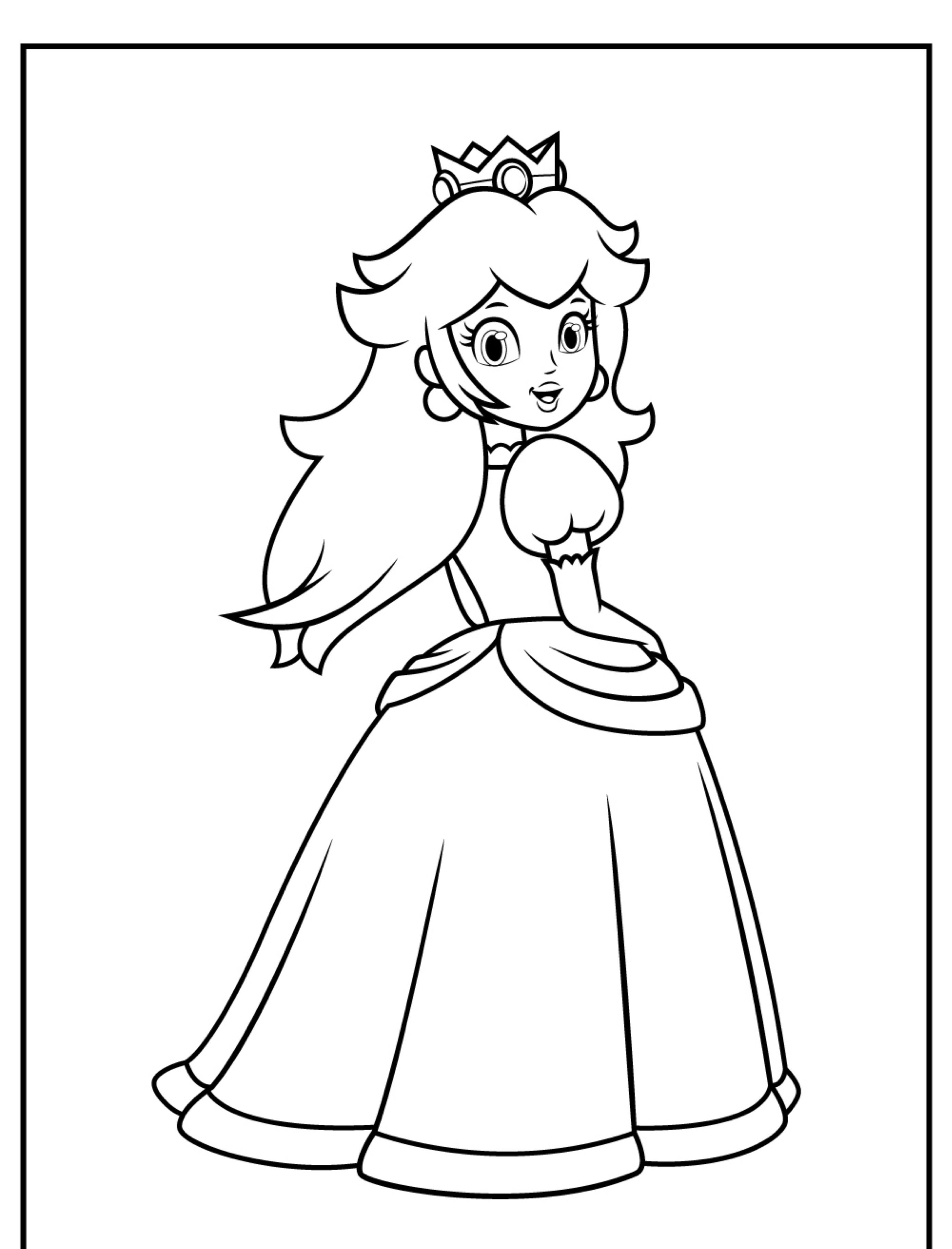 Uma página para colorir de uma princesa com cabelos longos, usando uma coroa e um vestido, olhando para a direita. Este desenho para colorir apresenta a elegância e o capricho encontrados em princesas clássicas. Para desenhar.