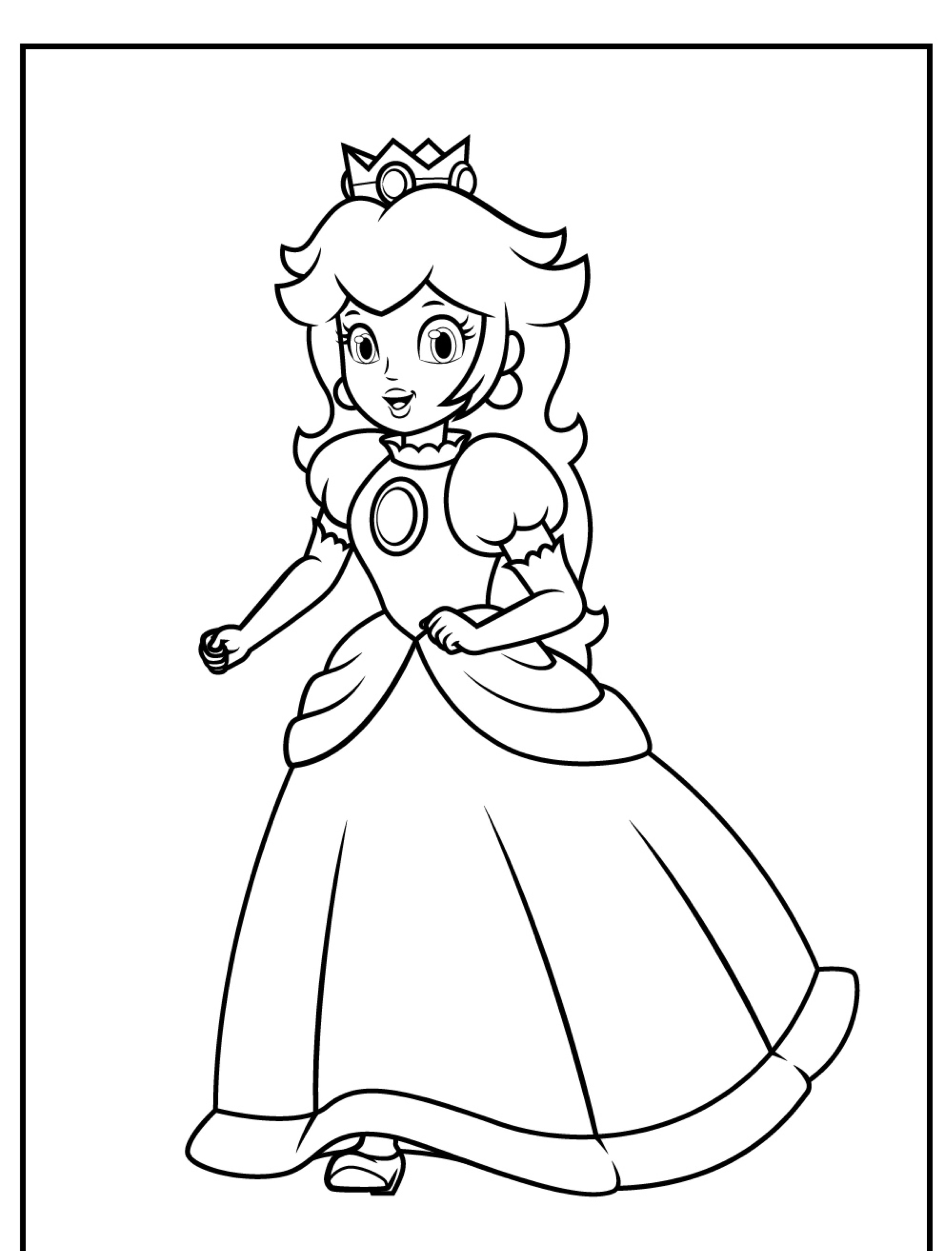 Página para colorir em preto e branco de uma princesa em um vestido longo e coroa, parecendo andar ou correr. Perfeito para quem ama colorir desenhos de princesas. Para desenhar.