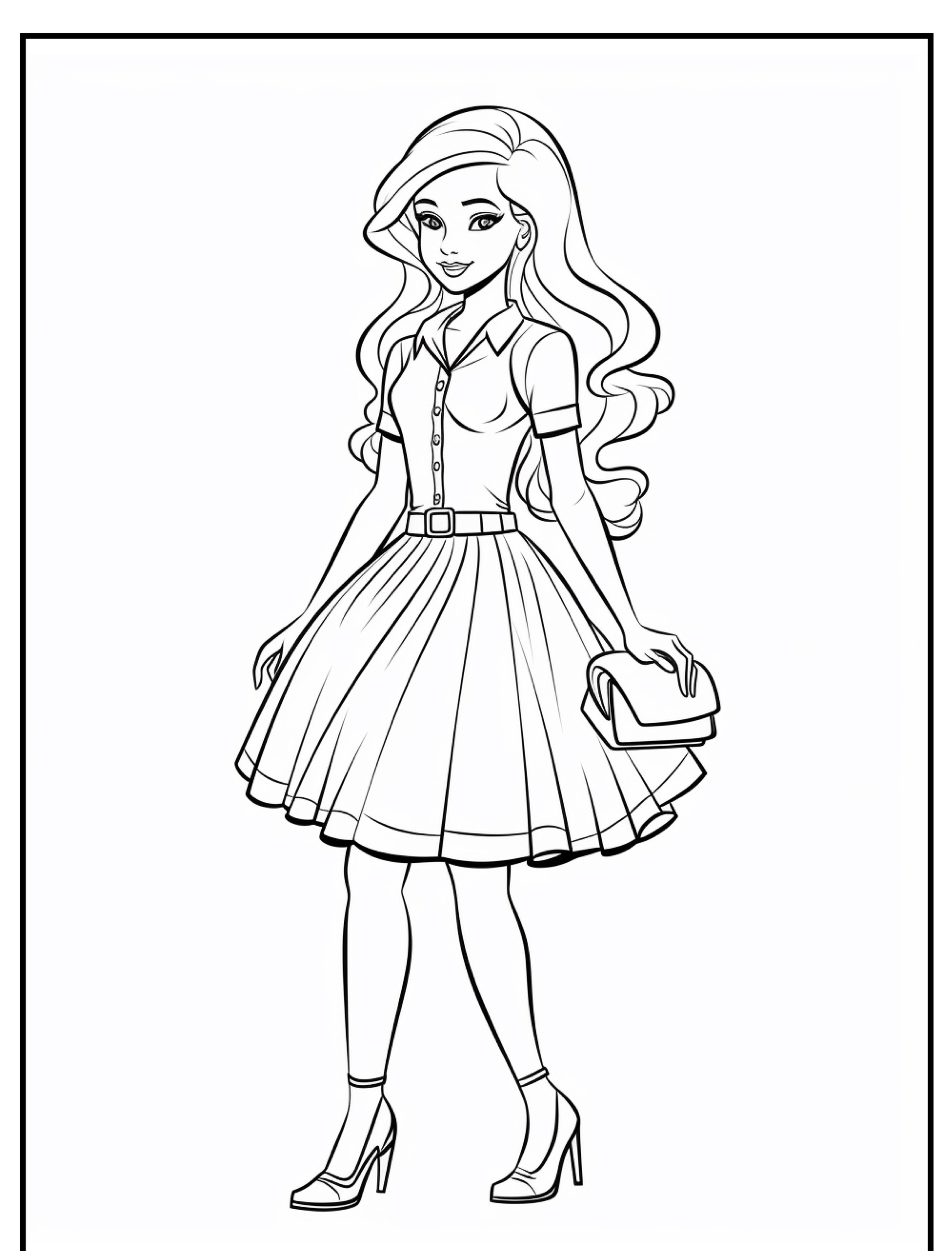 Ilustração de uma mulher estilosa, com cabelos longos, usando um vestido e salto alto, segurando uma bolsa clutch, que lembra as princesas modernas. Para desenhar.