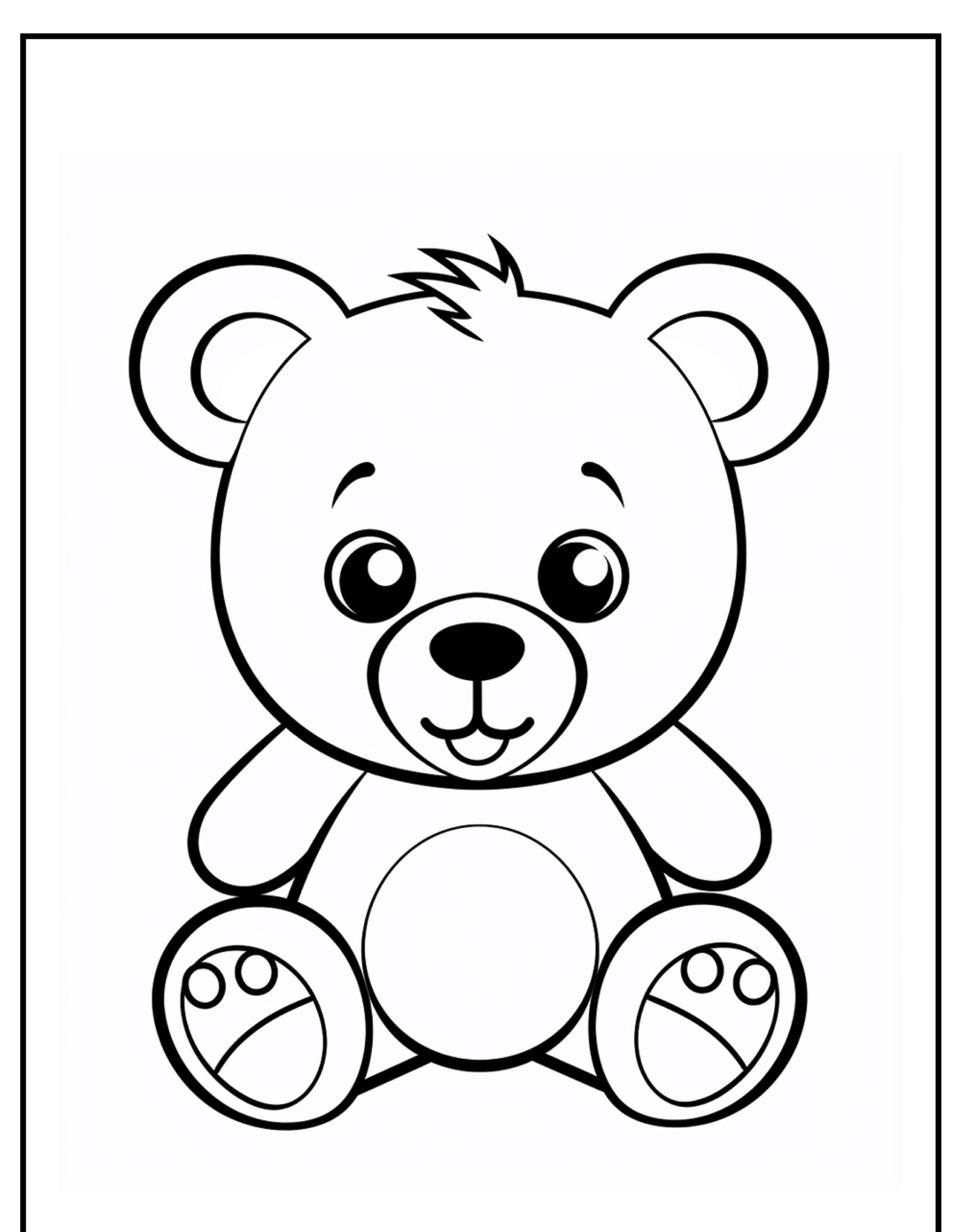 Um desenho simples em preto e branco de um lindo ursinho de pelúcia sentado, perfeito para Ursinho Desenhos para Colorir.