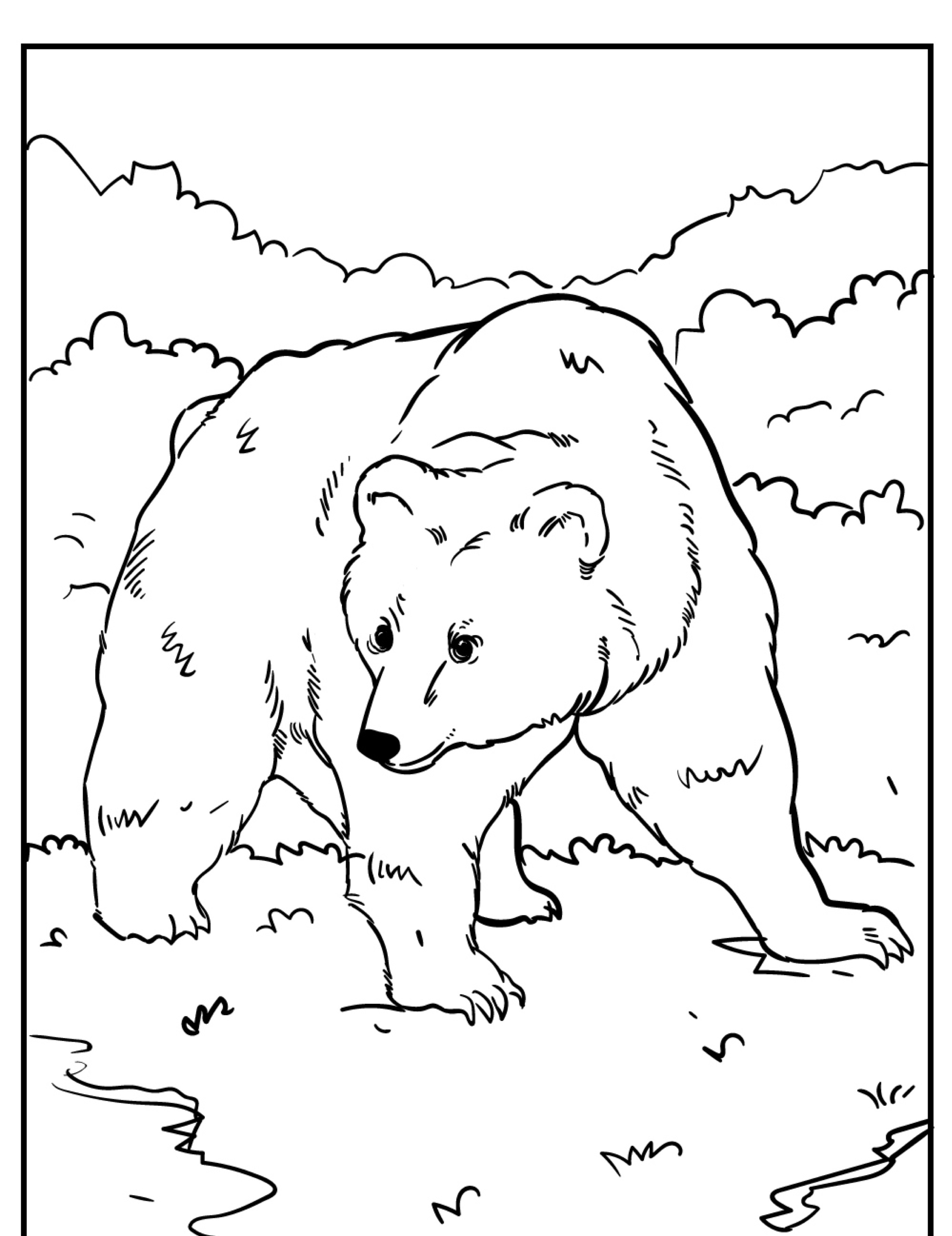 Desenho de Urso: Desenho de um grande urso em pé em uma clareira na floresta com árvores e montanhas ao fundo, perfeito para colorir.