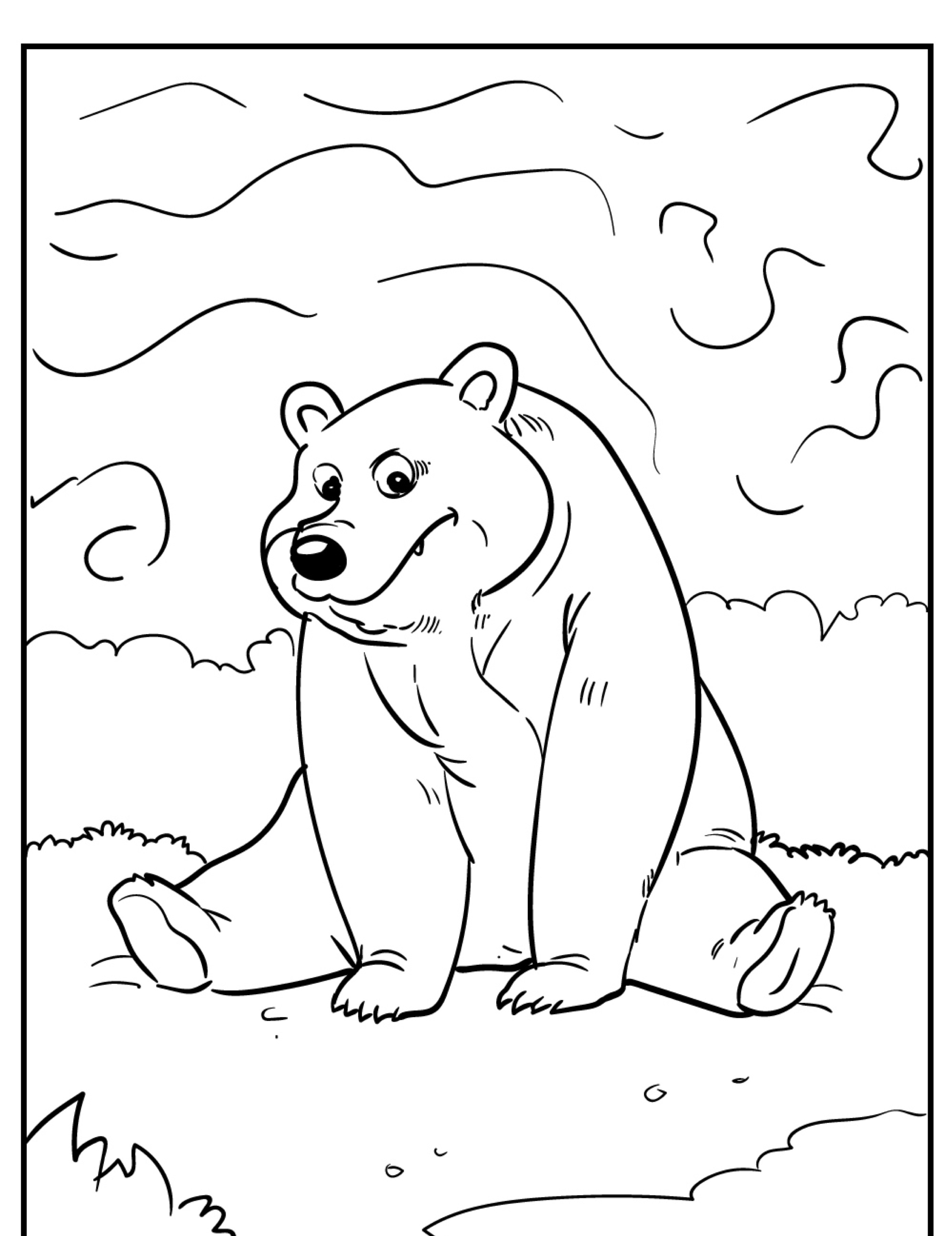 Um encantador desenho de urso sentado no chão com um céu nublado ao fundo, olhando ligeiramente para a direita, perfeito para uma atividade de urso para colorir.