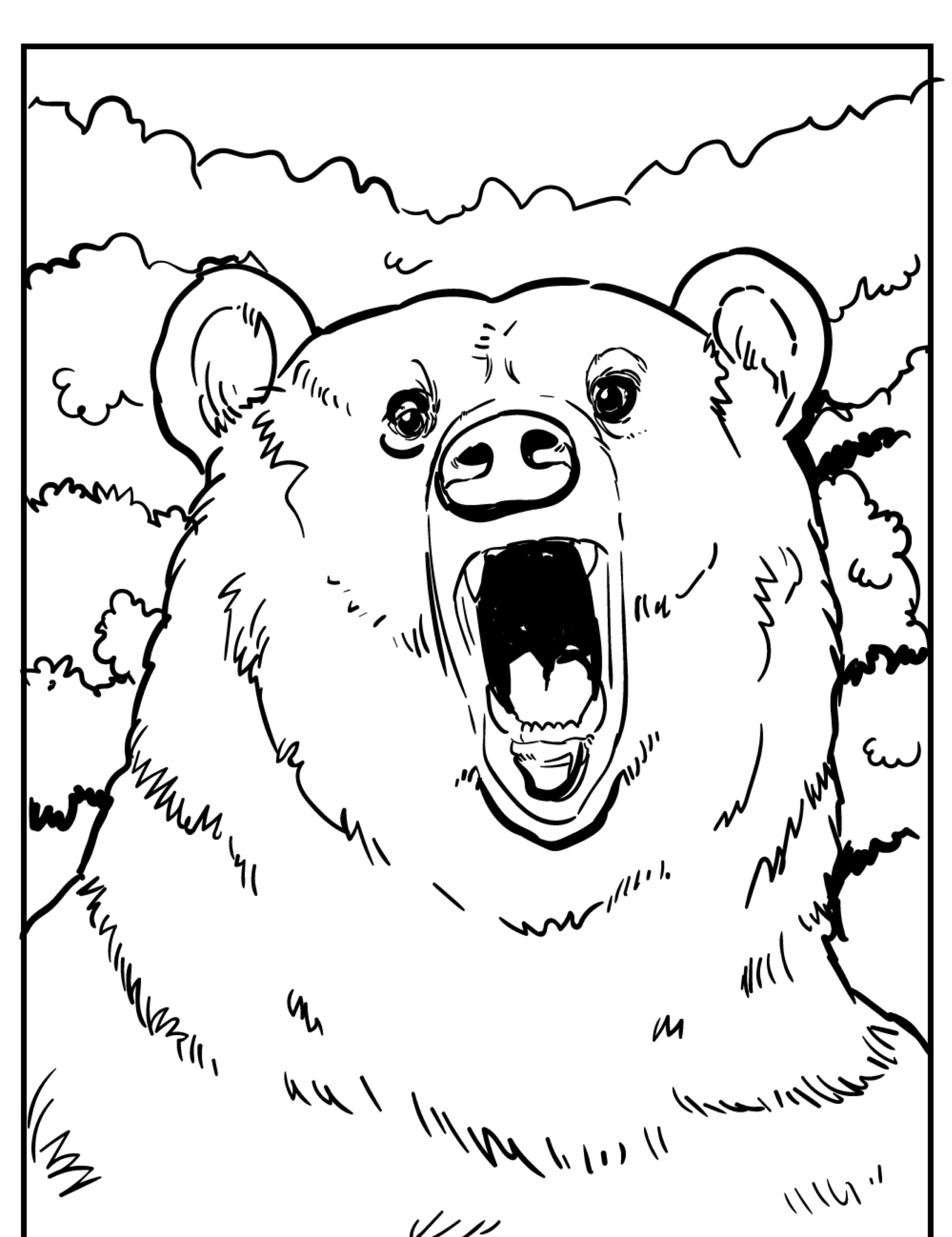 Um desenho em preto e branco de um urso rugindo com árvores e nuvens ao fundo, esperando um artista para colorir.