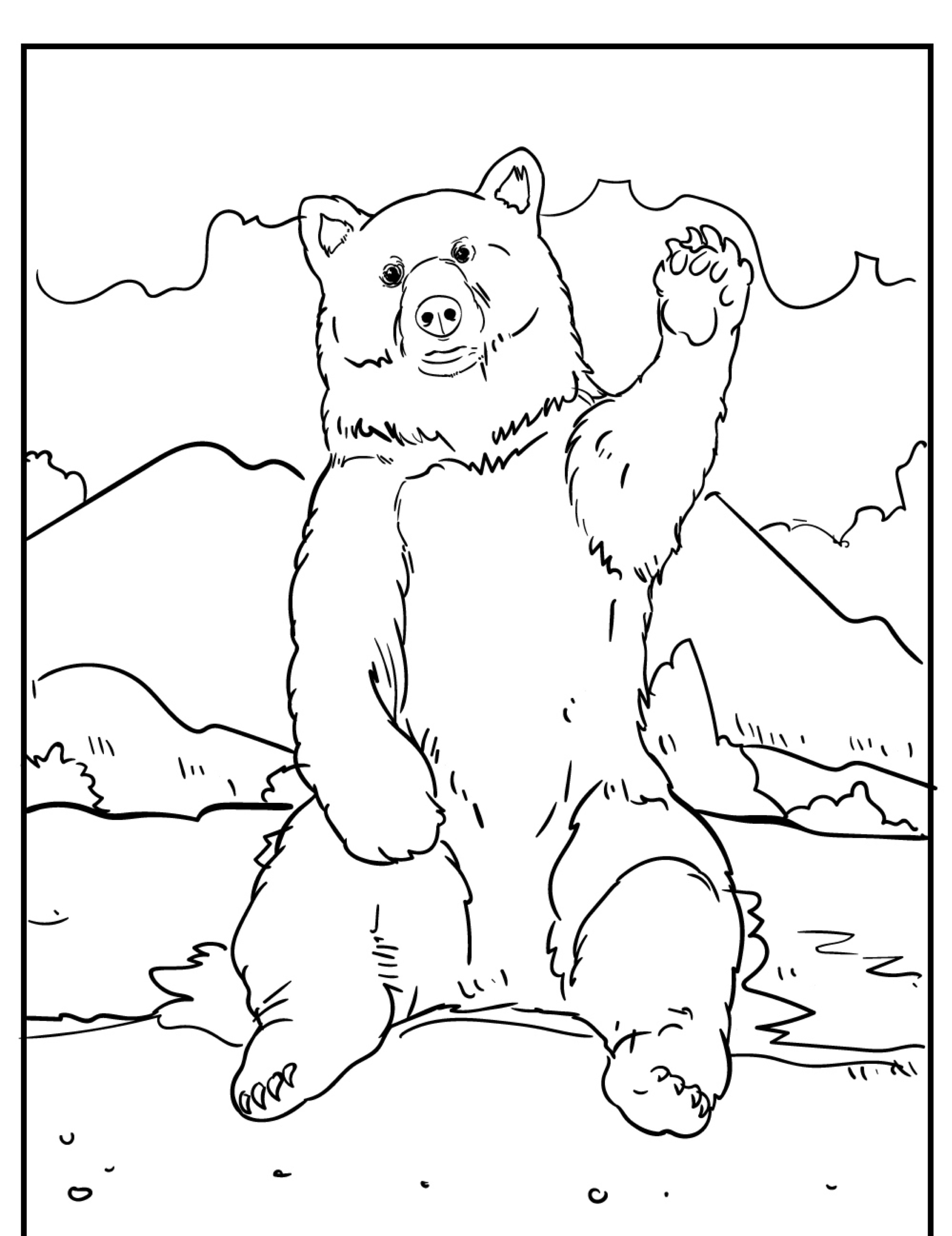 Um urso, ou "urso", sentado sobre as patas traseiras com uma pata dianteira levantada, contra um fundo de montanhas e nuvens, convidando você a imaginar como seria se você pudesse colorir este lindo desenho.