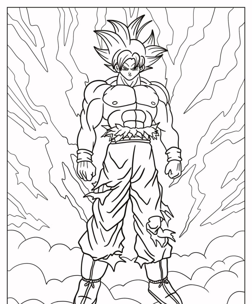 Página para colorir em preto e branco de um personagem musculoso parecido com Goku com cabelo espetado, calças rasgadas e linhas de energia irradiando atrás. Desenho perfeito para colorir e se divertir! Para Desenhar.