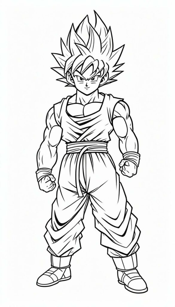 Arte de linha de um personagem musculoso com cabelo espetado, que lembra Goku, vestindo uma roupa de artes marciais e em pé em uma postura poderosa. Perfeito como Goku para colorir para fãs que procuram um desenho para colorir dinâmico. Para Desenhar.