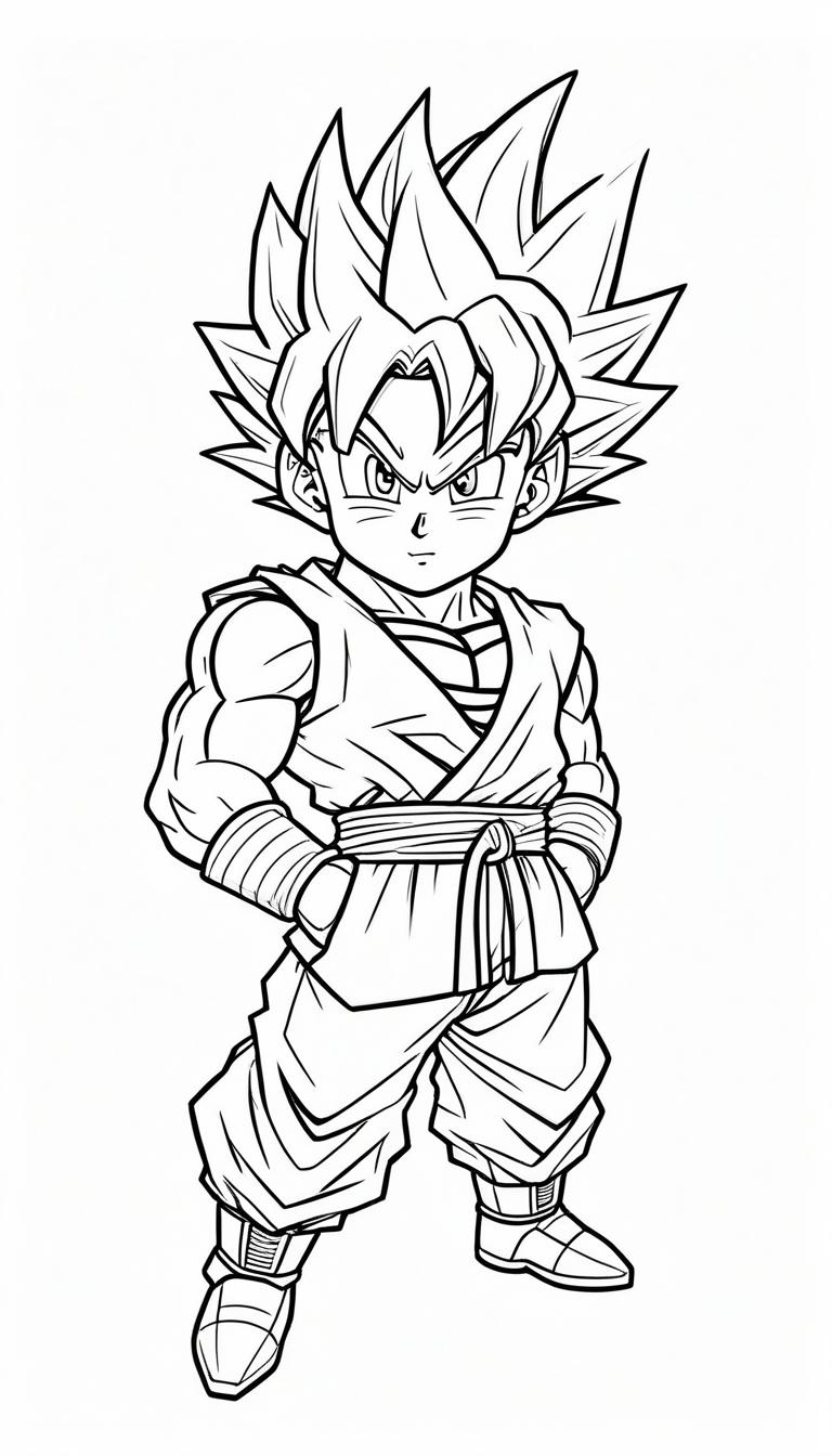 Desenho em preto e branco de um personagem de anime parecido com Goku, com cabelo espetado, vestindo uma túnica e em pé, confiante, com as mãos nos bolsos – perfeito para colorir. Para Desenhar.