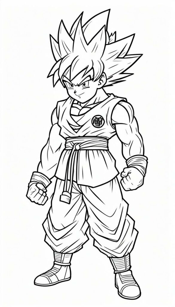 Um desenho em preto e branco de Goku em uma posição de luta com cabelo espetado e uma roupa de artes marciais. Este desenho é perfeito para colorir e traz à vida a intensidade do personagem de anime. Para Desenhar.