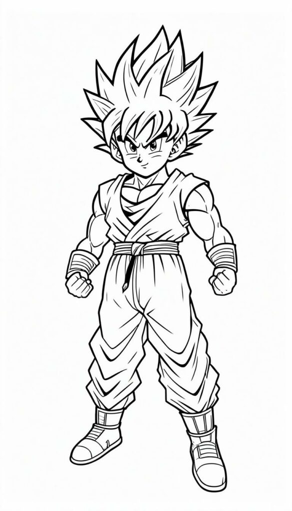 Ilustração em preto e branco de um personagem de anime com cabelo espetado e constituição muscular, de pé com os punhos cerrados, lembrando Goku. Perfeito para fãs que amam desenhar e colorir seus heróis favoritos. Para Desenhar.