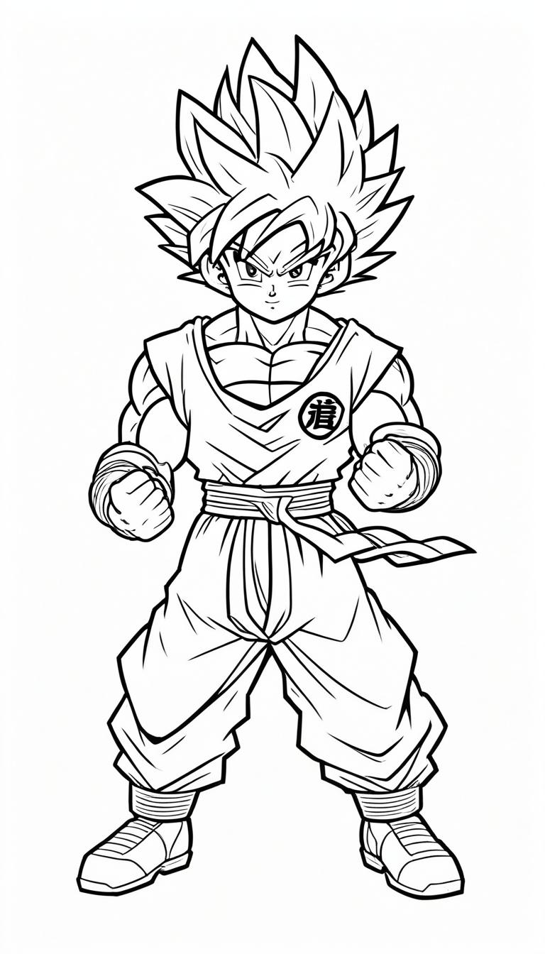 Um personagem de desenho animado feroz com cabelo espetado, que lembra Goku, vestindo trajes de artes marciais e em uma postura forte e pronta para você colorir. Para Desenhar.