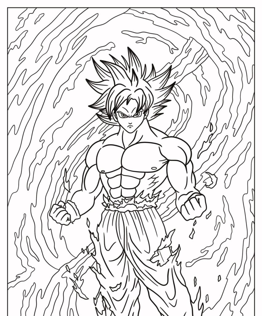 Desenho de um personagem musculoso com cabelo espetado, de pé, poderoso, com ondas de aura e roupas esfarrapadas, punhos cerrados — lembrando Goku em uma postura épica. Para colorir.