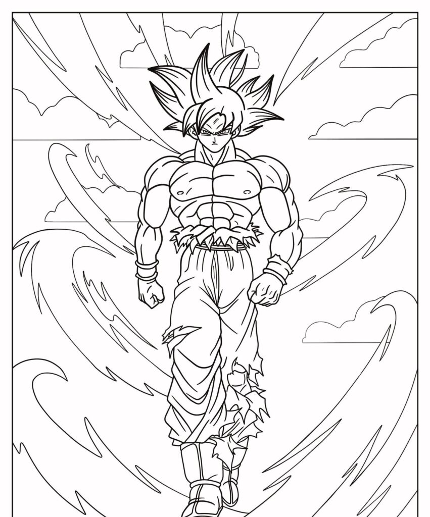 Um personagem com cabelo espetado e constituição muscular, que lembra Goku de um desenho, anda com roupas rasgadas. Cercado por ondas de energia e nuvens ao fundo, esta cena é perfeita para colorir para fãs de aventuras cheias de ação. Para colorir.