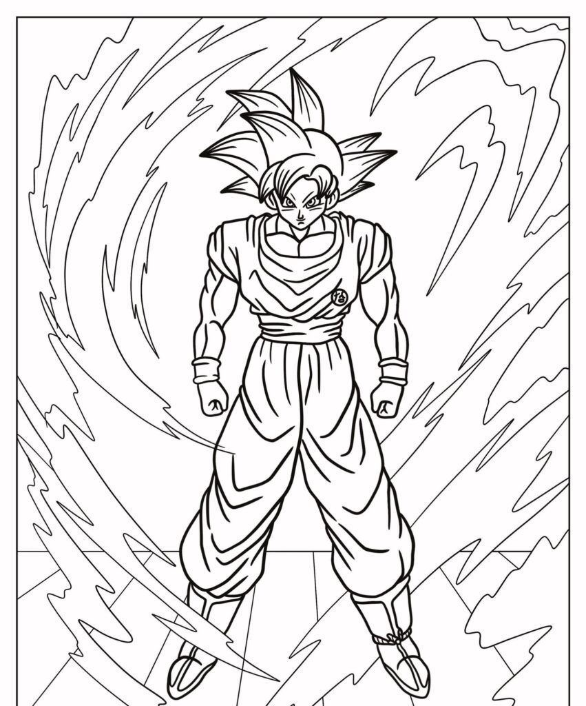 Um personagem musculoso com cabelo espetado está com poder irradiando ao seu redor, vestindo uma roupa de artes marciais, que lembra Goku. Para Desenhar.