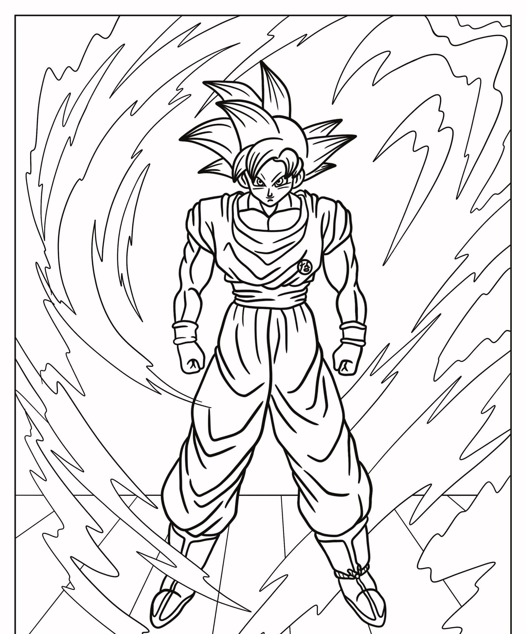 Um personagem musculoso com cabelo espetado está com poder irradiando ao seu redor, vestindo uma roupa de artes marciais, que lembra Goku. Para Desenhar.