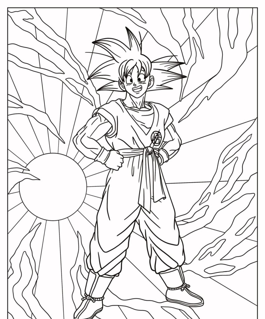 Um personagem com cabelo espetado e uma roupa de artes marciais está confiante em frente a um fundo estilizado de sol e nuvens, lembrando Goku de um popular desenho para colorir. Para colorir.