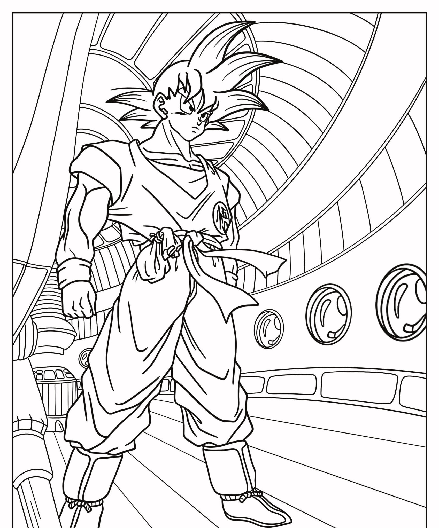 Um desenho de um personagem de anime com cabelo espetado, que lembra Goku, parado em um corredor futurista com janelas circulares. Perfeito para colorir. Para Desenhar.