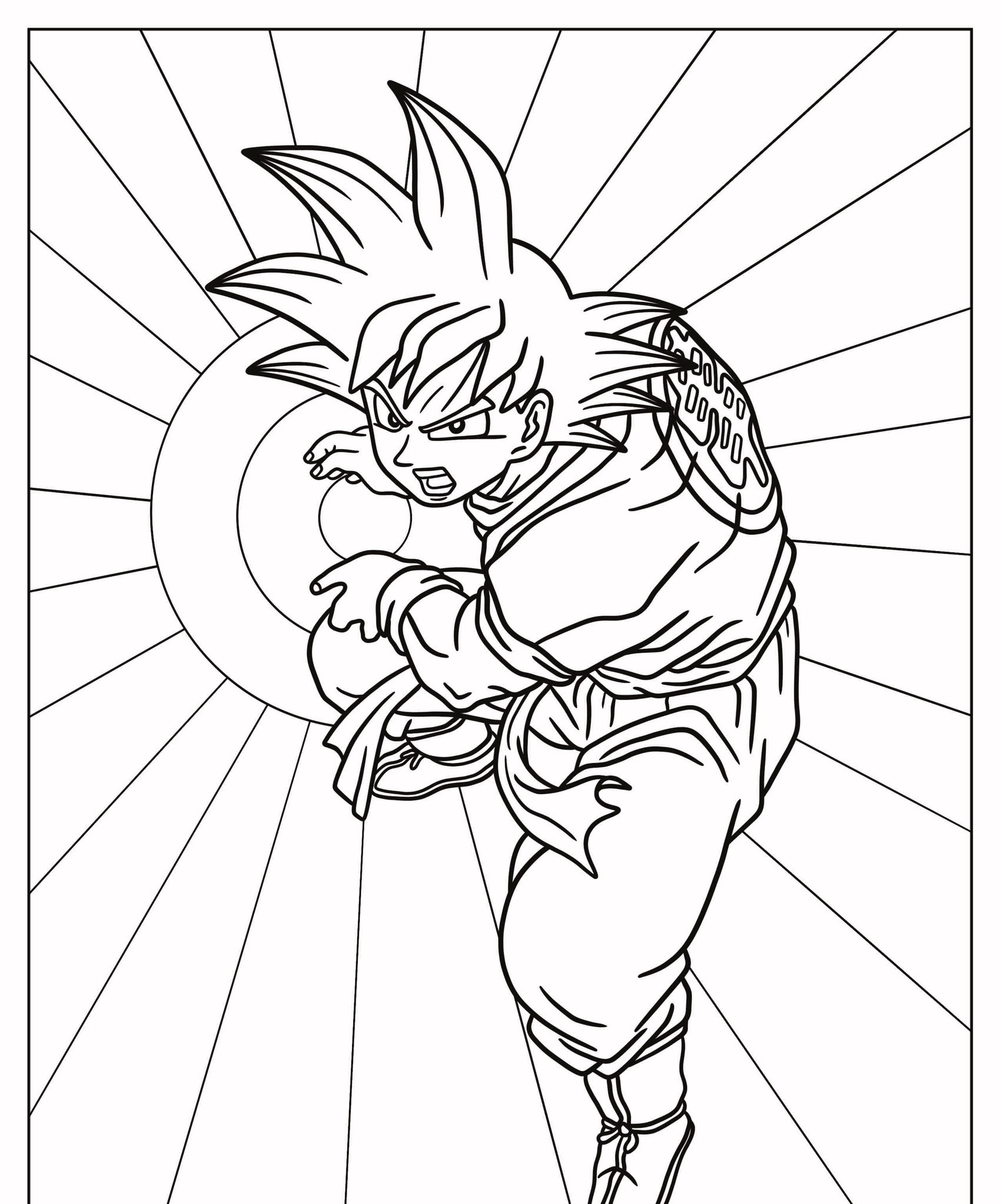 Um personagem com cabelo espetado e traje de artes marciais, que lembra Goku de Desenho, prepara um ataque de energia contra um fundo radial de desenho animado. Para Desenhar.