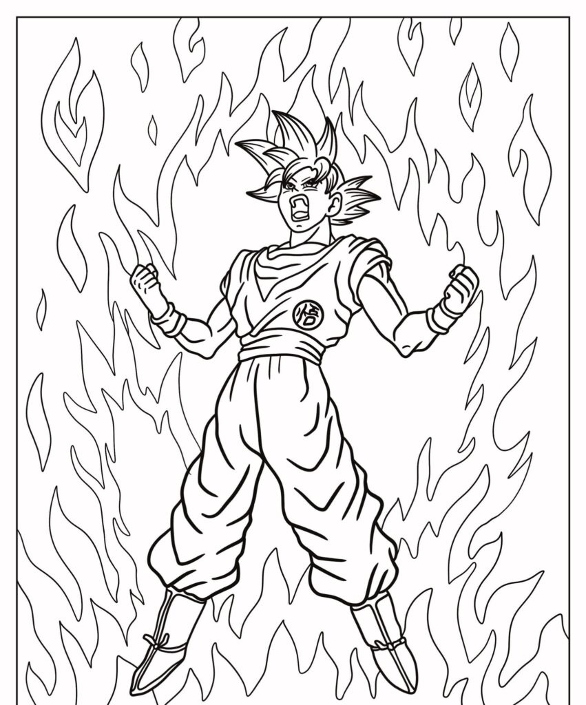 Um personagem com cabelo espetado e roupas de artes marciais está de pé com os punhos cerrados, cercado por uma aura de chamas, que lembra Goku de um desenho para colorir. Para Desenhar.