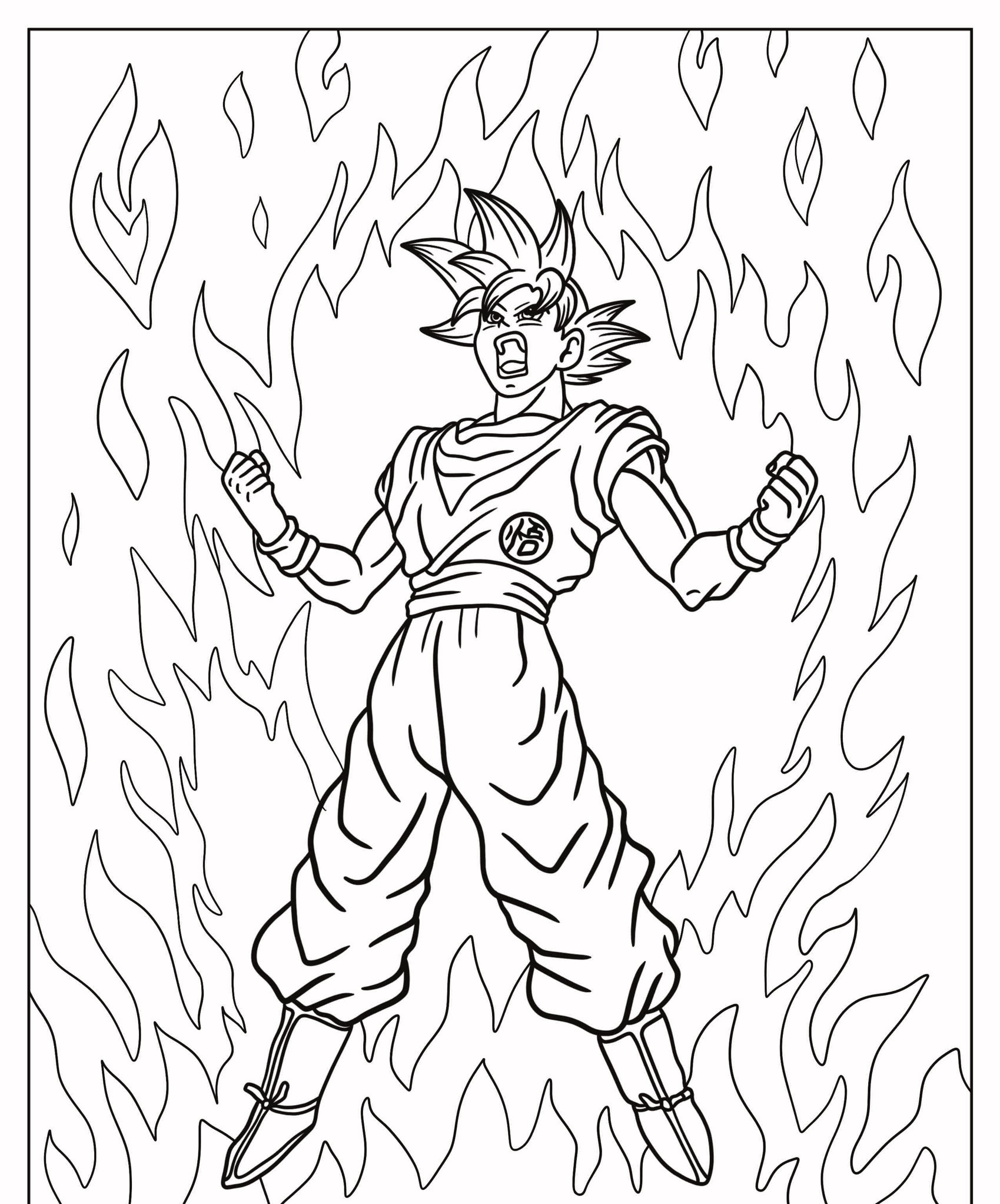 Um personagem com cabelo espetado e roupas de artes marciais está de pé com os punhos cerrados, cercado por uma aura de chamas, que lembra Goku de um desenho para colorir. Para Desenhar.