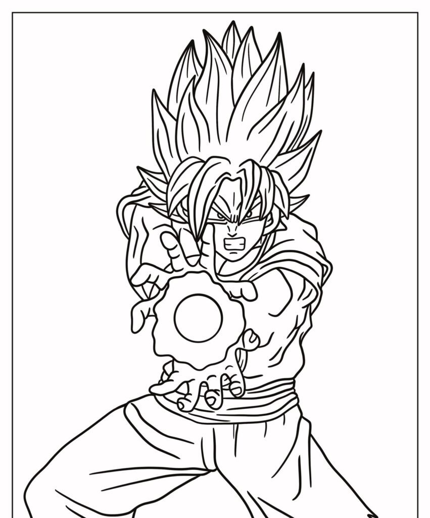 Um desenho de um personagem animado parecido com Goku, com cabelo espetado, posando poderosamente com uma mão estendida e energia brilhante, perfeito para quem gosta de desenho e colorização. Para Desenhar.