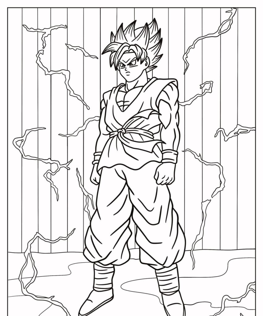 Personagem de anime em uma postura poderosa com aura de energia e raios ao redor, vestindo trajes tradicionais de artes marciais, que lembram Goku. Para Desenhar.