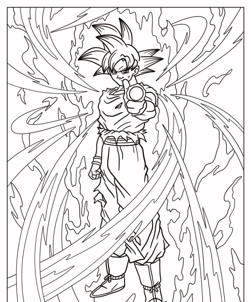 Um personagem com cabelo espetado e uma aura de energia, que lembra Goku, aponta para frente, cercado por ondas de energia dinâmicas. Para Desenhar.