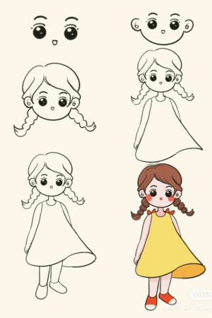 Tutorial de desenho passo a passo de uma menina com tranças, desde características faciais básicas até um vestido colorido e sapatos. Ideal para quem procura instruções passo a passo fáceis de seguir e fáceis de desenhar.