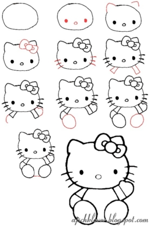 Um guia passo a passo para desenhar um gato de desenho animado com um laço, terminando com um desenho totalmente concluído na parte inferior. Perfeito para quem procura desenhos faceis.