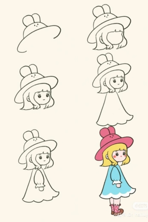 Tutorial de desenho passo a passo de uma menina usando um chapéu, terminando com uma versão colorida da ilustração concluída. Desenhos faceis para seguir passo a passo.