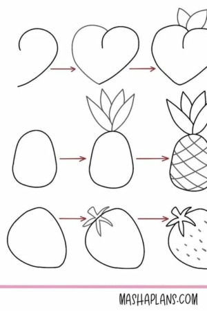 Ilustrações passo a passo de desenho de um pêssego, abacaxi e morango, desde formas simples até frutas coloridas, criam desenhos faciais perfeitos.