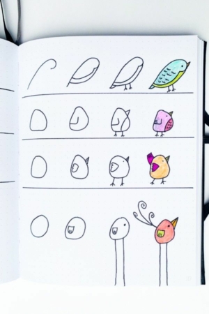 Um guia de desenho passo a passo para esboçar e colorir vários pássaros em um caderno pontilhado, com desenhos faciais.