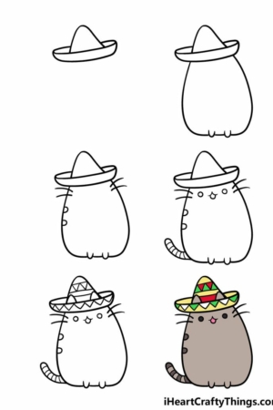 Guia de desenho passo a passo de um gato usando um sombrero com a imagem final colorida. Desenhos faceis e perfeitos para iniciantes com instruções claras passo a passo.