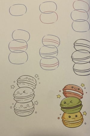 Desenhos passo a passo de macarons sorridentes em preto e branco e colorido, partindo de simples ovais até ilustrações detalhadas. Perfeito para quem quer aprender a desenhar macarons com desenhos fáceis.