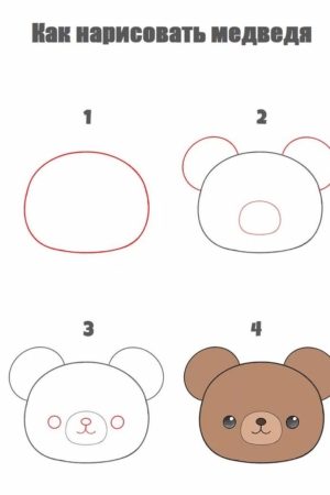 Um guia passo a passo, desenho fácil, para desenhar o rosto de um urso em quatro etapas, com instruções em russo.