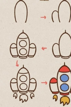 Tutorial de desenho passo a passo de um foguete, mostrando cinco estágios progressivos do esboço à imagem completa colorida. Ideal para quem procura desenhar desenhos faceis com uma abordagem simples passo a passo.