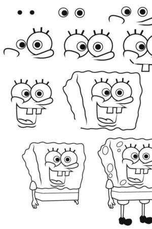 Desenhos em preto e branco do rosto e corpo do Bob Esponja Calça Quadrada, mostrando diversas expressões e poses, perfeitos para quem quer fazer passo a passo ou criar desenhos faciais.